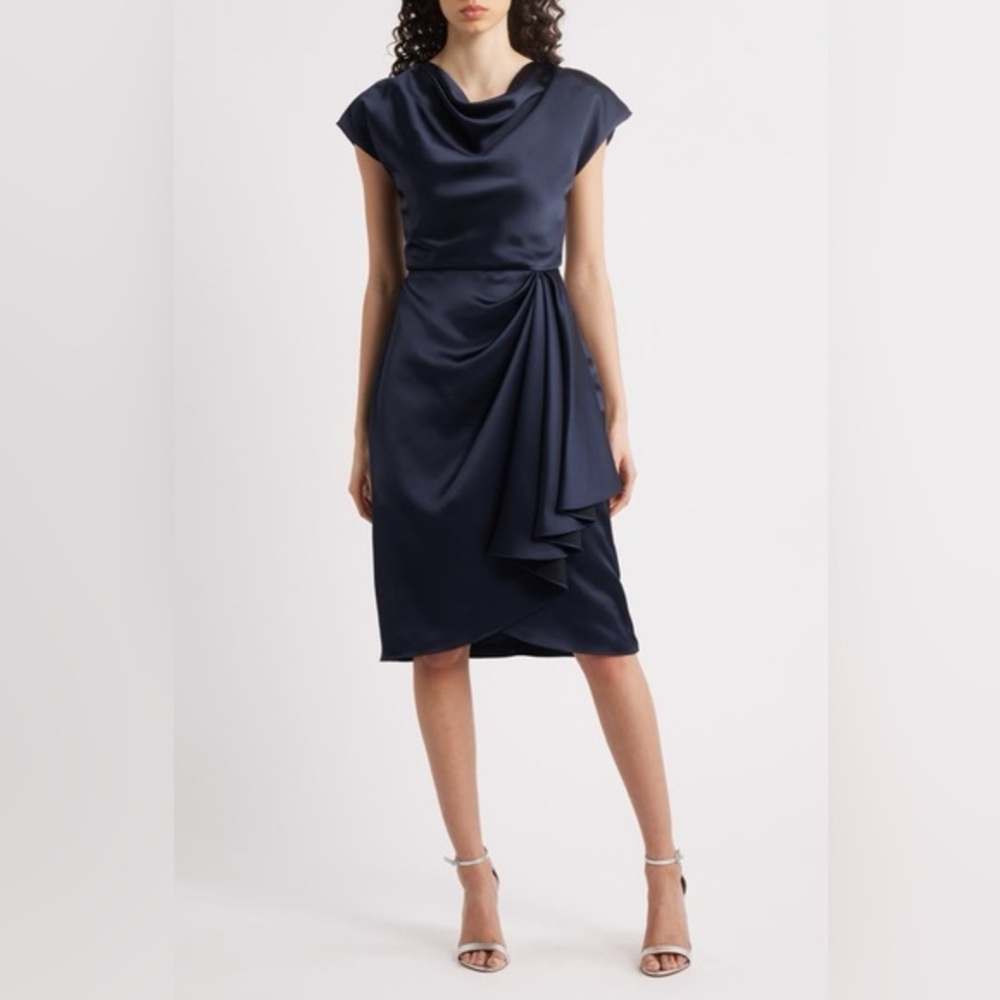 Amsale Cowl Neck Satin Sheath Dress Navy